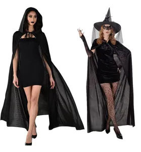 Adult Halloween black cape and witch cloak costume details, showing outfit styling.