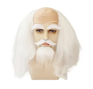 Set parrucca da vecchio con calotta calva, capelli bianchi, sopracciglia e barba.