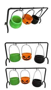 Halloween witch cauldron candy bucket set with black metal hanging stand for party decor detail