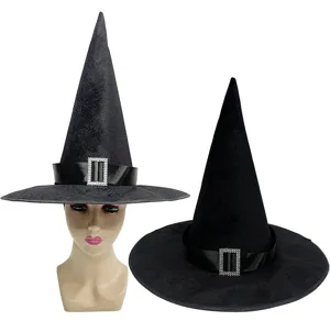 Black velvet Halloween witch hat featuring a sparkling rhinestone buckle for party costume.