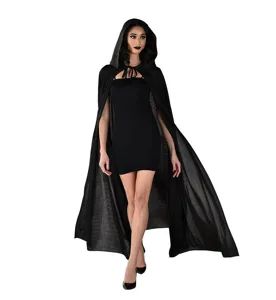 Detail view of the elegant black hooded cloak costume, showcasing the soft fabric and front tie.