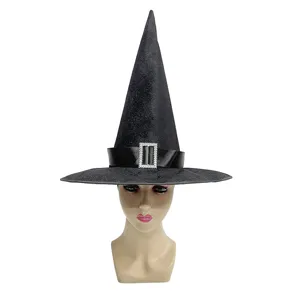 Close-up detail of the black witch hat with rhinestone buckle, party costume accessory.
