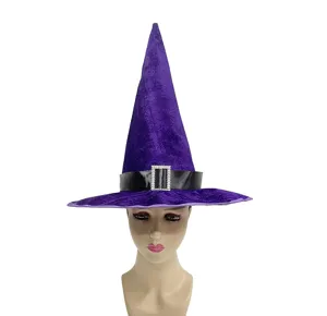 Detailed view of purple velvet witch hat with rhinestone buckle for Halloween party decor.