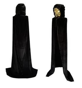 Black velvet hooded cloak for adults, perfect for Halloween cosplay, costume parties, and gothic events.
