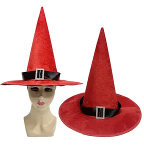Roter Halloween Hexenhut mit schwarzem Band und Strass Schnalle fur Kostum Party Detailansicht.