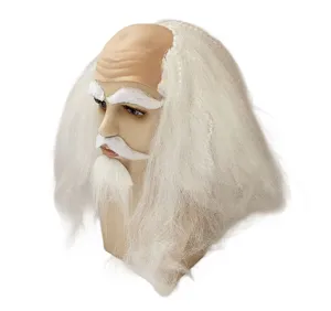 Parrucca calva da vecchio con capelli lunghi bianchi e set di barba per festa in costume.