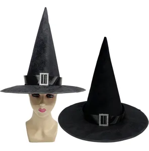 Schwarzer Hexenhut für Halloween Party, mit Satinband und glänzender Strass-Schnalle.