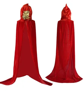 Red velvet Halloween hooded cloak costume front and back view detail showing long cape design.
