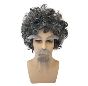 Party costume curly wig set with matching gray beard and eyebrows for cosplay role play events.