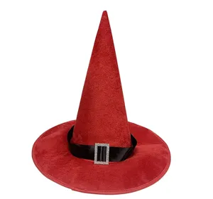 Red velvet witch hat with black ribbon and rhinestone buckle detail for party decor.