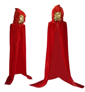 Detailed view of the red velvet hooded cloak costume, featuring a long flowing design for events.