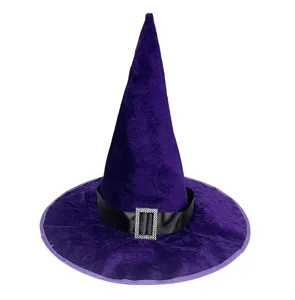 Halloween purple velvet witch hat with black ribbon rhinestone buckle party costume accessory