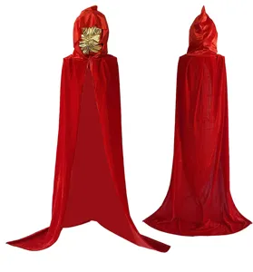 Red velvet hooded cloak detailed view, front and back display showing premium texture and long design.