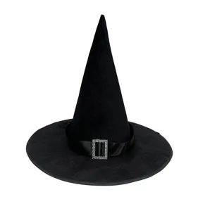 Black witch hat Halloween costume party pointed hat with rhinestone buckle velvet finish