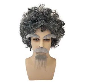 Detailed close-up view of grey curly wig with matching eyebrows and mustache costume props.