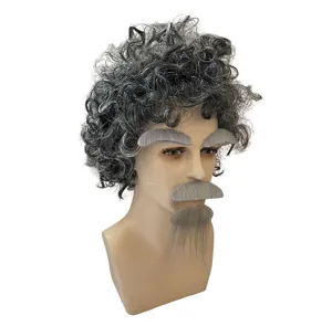 Mad scientist costume grey curly wig with matching eyebrows, mustache and beard for party events.