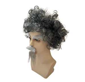 Detail shot of grey curly wig and matching beard costume prop, perfect for party cosplay use.