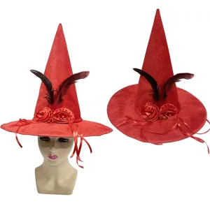 Roter Hexenhut für Halloween Party, spitzer Zaubererhut mit Federn und Satinrosen.