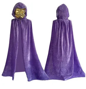 Purple velvet hooded cloak detail, ideal for Halloween party, cosplay, and stage costume use.