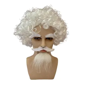 White curly wig with beard and eyebrows set for party costume role play and festive dress up.