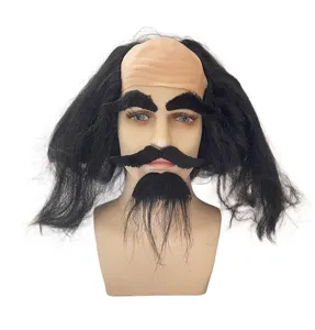 Parrucca calva con capelli lunghi neri e barba, accessorio per costume da festa divertente.
