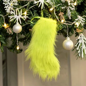 Chaussette de Noël en peluche verte et douce, pendentif suspendu pour arbre de fête.