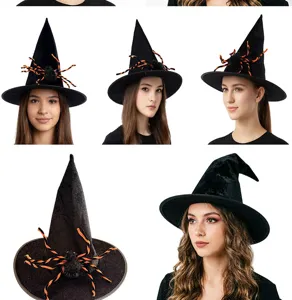 Detailed view of the black Halloween witch hat featuring a fuzzy spider and orange accents.