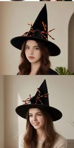 Detailed view of black Halloween witch hat with plush spider, perfect for costume party.