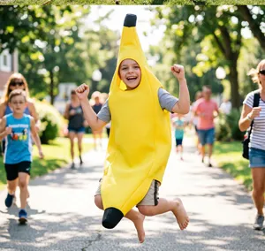 Enfant portant un costume de banane jaune sautant dehors dans un parc de fête détail.