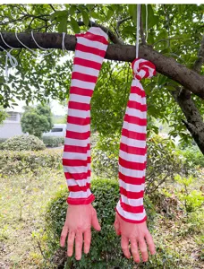 Halloween bloody severed hands hanging decoration with red and white striped sleeves props.