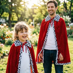 Red velvet royal cloak with dalmatian print collar for holiday costume parties and stage shows.