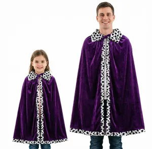 Parent-child purple velvet king cape with dalmatian print trim for Halloween party costume.