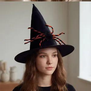 Womens black witch hat Halloween costume hat with fluffy spider ornament for party dress up