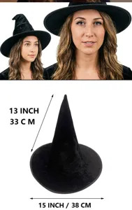 Black velvet witch hat detail showing 13 inch height and 15 inch width with model showcase.