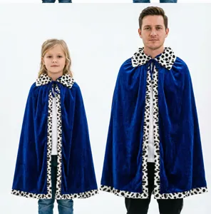 Premium blue velvet royal cape costume with spotted trim for kids and adults performance wear.