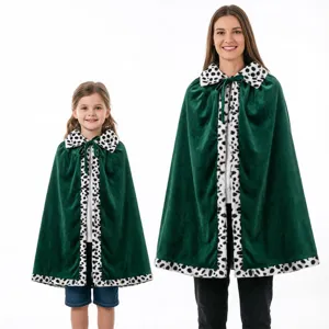 Parent-child green velvet cloak with dalmatian print faux fur collar for holiday party.