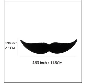 Detailed view of black party fake mustache prop, featuring classic handlebar shape and size specs.