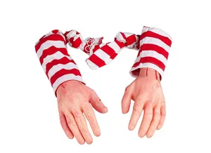 Halloween bloody severed fake hands scary zombie arm prop with red white striped sleeves decor