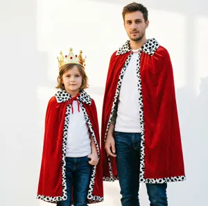 Red velvet king cape cloak costume with faux fur trim for children and adults party wear.