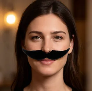 Close-up of a black fake mustache prop, perfect for funny party costumes and photo booths.