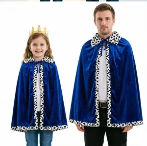 Close-up detail shot of the blue velvet king cloak costume with faux fur spotted trim for party.