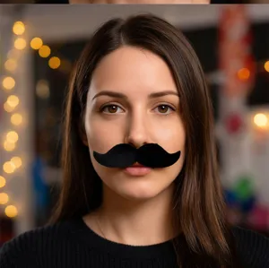Fake mustache detail shot, black novelty facial hair prop for funny party costume and photo booth.