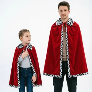 Red velvet royalty cape with spotted trim, matching adult and child costume cloak for parties.