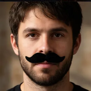 Close-up detail of a black handlebar fake mustache prop for men party costume photography.