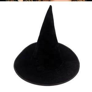 Black witch hat detail view, soft velvet fabric material, perfect for Halloween party costumes.
