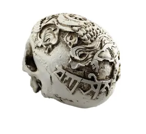 Resin human skull model detail, carved antique style skeleton ornament for Halloween decor.