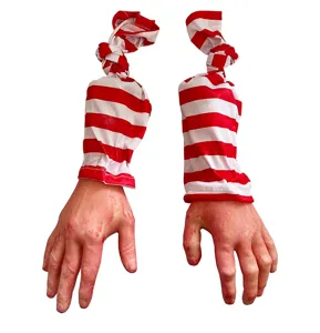 Halloween bloody severed hands hanging prop with red white striped sleeves for party decor.