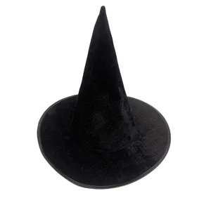 Black witch hat Halloween costume party pointed hat detailed view, classic holiday headwear.