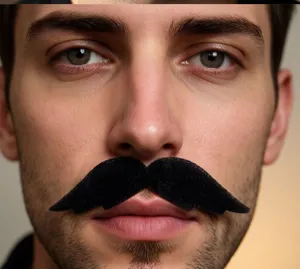 Close-up detail of black funny party fake mustache for men costume dress-up and photo props.