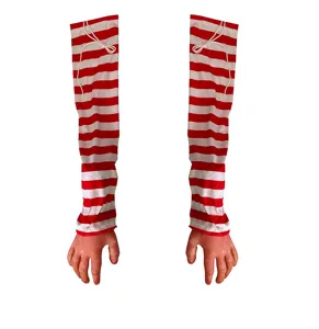 Halloween bloody severed hands prop with red white striped sleeves spooky zombie decor.